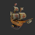 Wooden Sailing Ship Model With Red Cross Sails And Detailed Hull Design