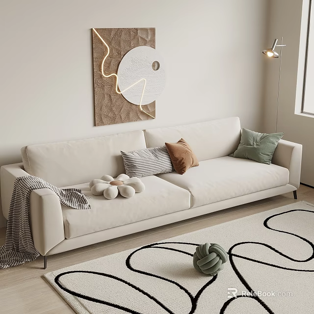 Beige Double Sofa In Living Room With Colorful Pillows Throw Blanket And Floor Lamp 3d model 