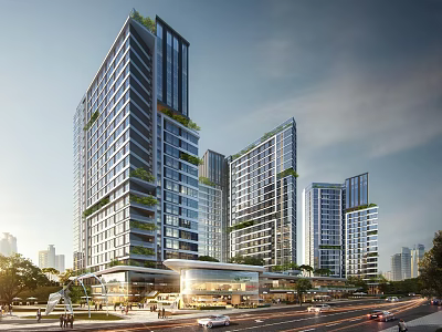 Modern High Rise Buildings With Greenery Glass Curtain Walls And Urban Street View 3d model
