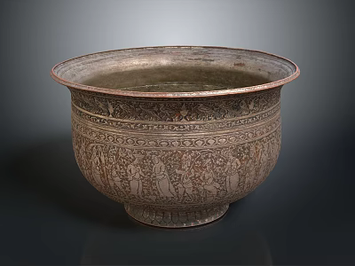 Antique Brass Basin With Intricate Carvings And Figural Patterns Design 3d model