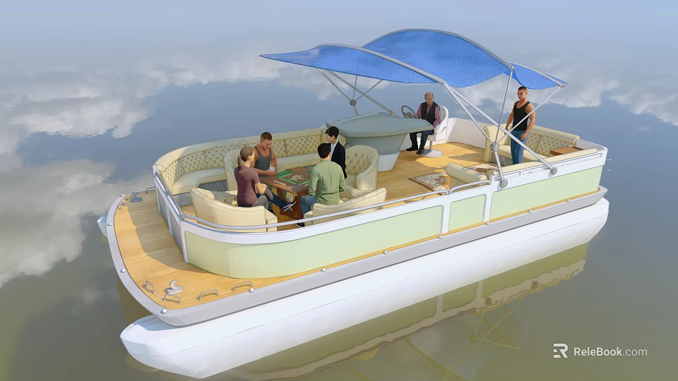 Relaxing Pontoon Boat With Blue Canopy And People Enjoying Activities On Water 3d model 
