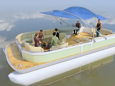 Relaxing Pontoon Boat With Blue Canopy And People Enjoying Activities On Water 3d model