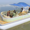 Relaxing Pontoon Boat With Blue Canopy And People Enjoying Activities On Water