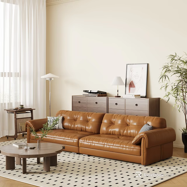 Brown Leather Sofa And Coffee Table Set With Wooden Cabinet Floor Lamp Potted Plant And Rug 3d model 