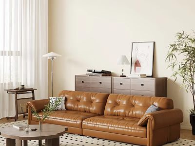 Brown Leather Sofa And Coffee Table Set With Wooden Cabinet Floor Lamp Potted Plant And Rug 3d model
