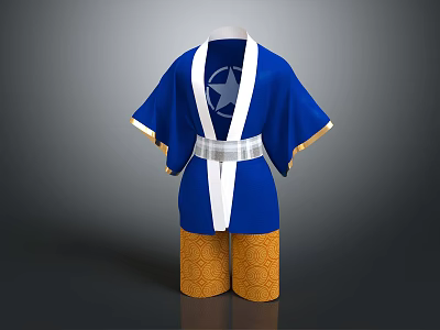 Blue Kimono With White Stripes Star Pattern Silver Belt And Yellow Patterned Pants 3d model
