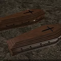 New And Aged Wooden Coffins On Dirt Ground With Crosses Metal Handles