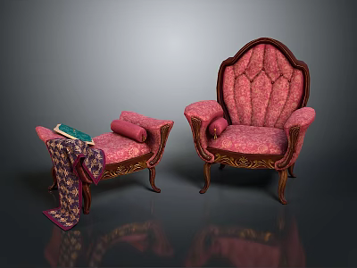 Elegant Pink Single Sofa With Wooden Carved Frame Matching Ottoman And Decorative Cushion 3d model