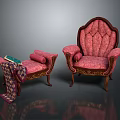 Elegant Pink Single Sofa With Wooden Carved Frame Matching Ottoman And Decorative Cushion