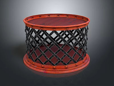 Stylish Round Side Table With Red Wooden Top And Black Diamond Lattice Design 3d model