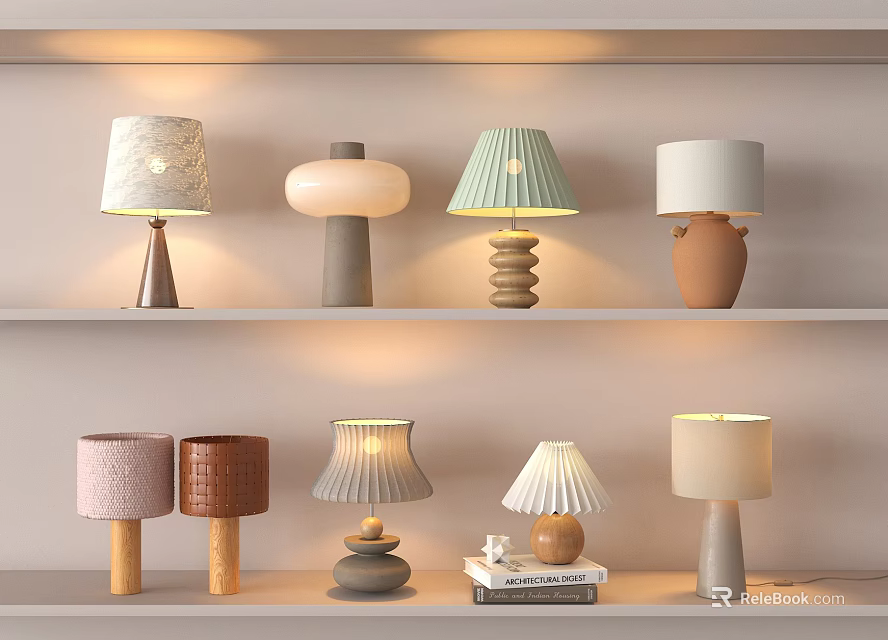 Modern Table Lamps With Various Designs And Bases On Display Shelves 3d model 
