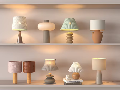 Modern Table Lamps With Various Designs And Bases On Display Shelves 3d model