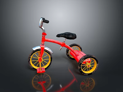 Red Children Tricycle With Black Seat Yellow Wheels Red Pedals And Silver Handlebars 3d model