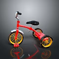 Red Children Tricycle With Black Seat Yellow Wheels Red Pedals And Silver Handlebars