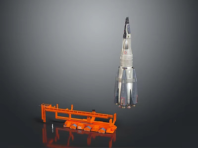 Scale Rocket Model Display With Orange Launch Pad And Structural Details 3d model