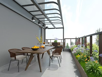 Modern Garden Landscape With Outdoor Dining Set Flower Beds And Lush Foliage 3d model