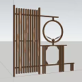 Traditional Wooden Slatted Room Divider With Circular Decor And Shelf Design