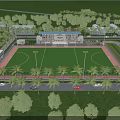 Outdoor Football Field With Spectator Stands And Surrounding Green Trees For Fitness Activities