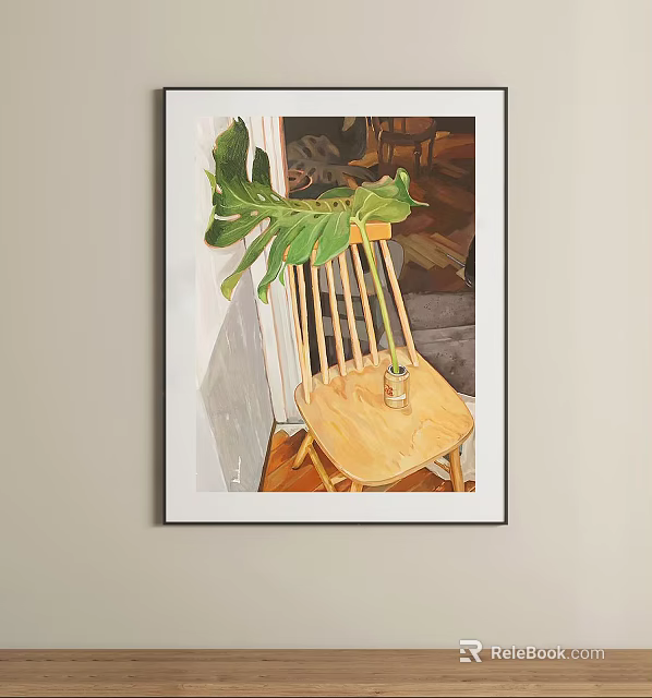 Framed Painting Featuring Wooden Chair With Monstera Leaf Potted Plant 3d model 