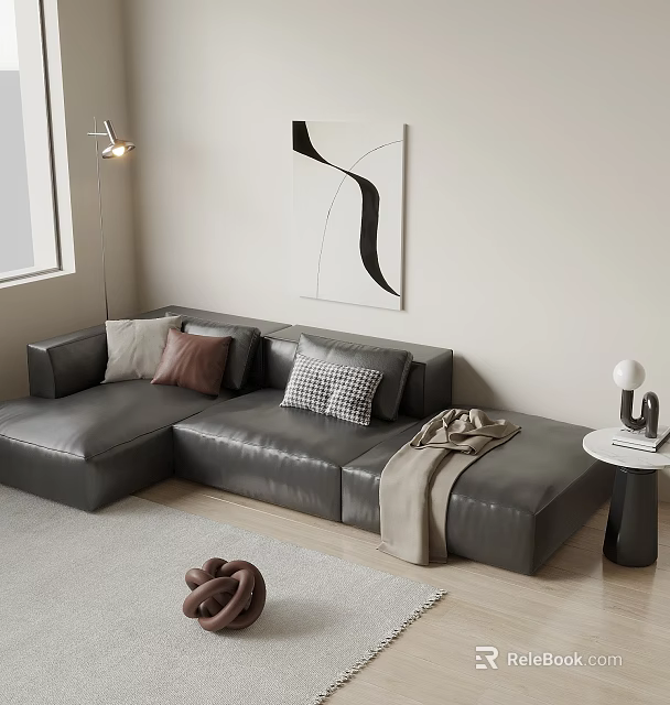 Modern Leather L shaped Sectional Sofa with Neutral Patterned Cushions and Abstract Wall Art 3d model