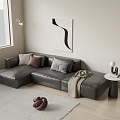 Modern Leather L shaped Sectional Sofa with Neutral Patterned Cushions and Abstract Wall Art 3d model