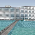 Modern Waterfront Building With White Grid Patterned Facade And Green Roof 3d model
