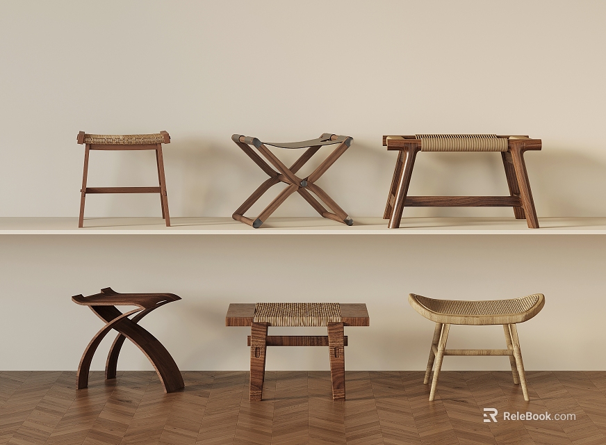 Different Wooden Stools with Handwoven Seats and Cross Leg Designs on Shelf 3d model 
