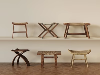 Different Wooden Stools with Handwoven Seats and Cross Leg Designs on Shelf 3d model