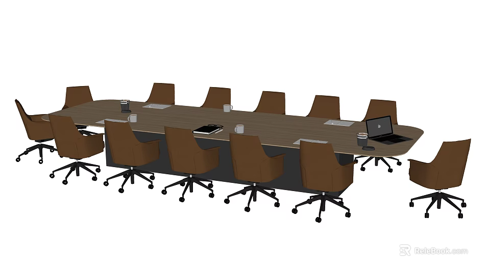 Modern Conference Table With Ergonomic Office Chairs Laptop And Water Glasses In Meeting Room 3d model 