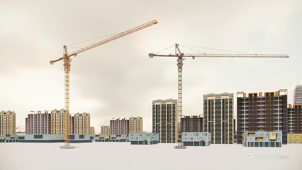 Industrial Factory Construction Site With Two Cranes And Building Frames Under Overcast Sky 3d model
