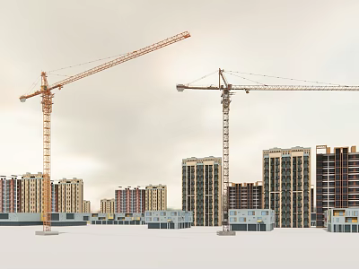 Industrial Factory Construction Site With Two Cranes And Building Frames Under Overcast Sky 3d model