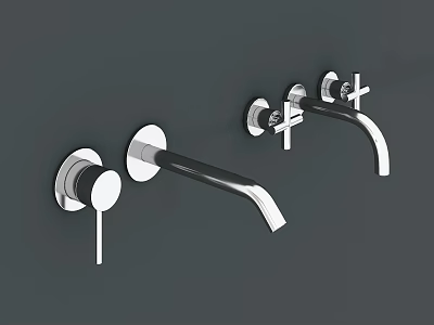 Two Modern Chrome Wall Mounted Faucets With Handles On Grey Wall Background 3d model