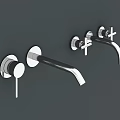 Two Modern Chrome Wall Mounted Faucets With Handles On Grey Wall Background