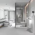 Modern Luxury Bathroom Interior With Marble Walls Freestanding Bathtub Large Mirror And Vanity