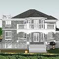 Detached Villa Two Story Gray Stone Walls Black Roof Balcony With White Railing And Garden