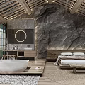 Modern Hotel Room Interior With Stone Wall Wooden Ceiling And Freestanding Bathtub