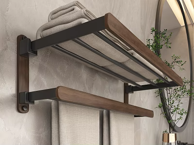 Wall Mounted Wooden Metal Bathroom Shelf With Folded Towels Near Round Mirror And Green Plant 3d model
