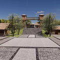 Traditional Thatched Roof Buildings With Stone Paved Courtyard And Purple Trees