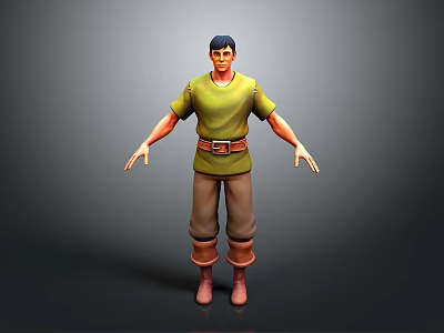 3D Male Character Design With Green T-shirt Brown Pants Belt Pink Boots Arms Outstretched Pose 3d model