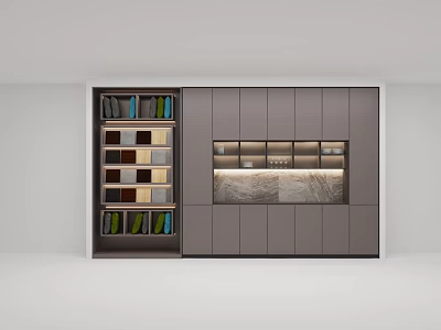 Modern Showroom Interior With Gray Cabinets And Colorful Display Shelves 3d model