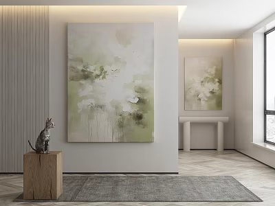 Modern Interior With Large Abstract Painting Small Artwork Cat Sculpture On Wooden Pedestal Gray Rug 3d model