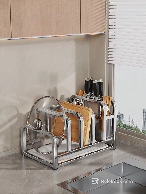 Stainless Steel Kitchen Utensil Storage Rack With Chopping Boards And Knives 3d model 