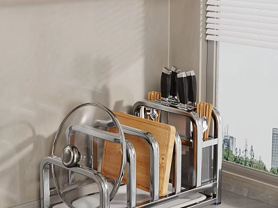 Stainless Steel Kitchen Utensil Storage Rack With Chopping Boards And Knives 3d model
