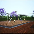 People Playing Beach Volleyball On Outdoor Sand Court With Net And Benches