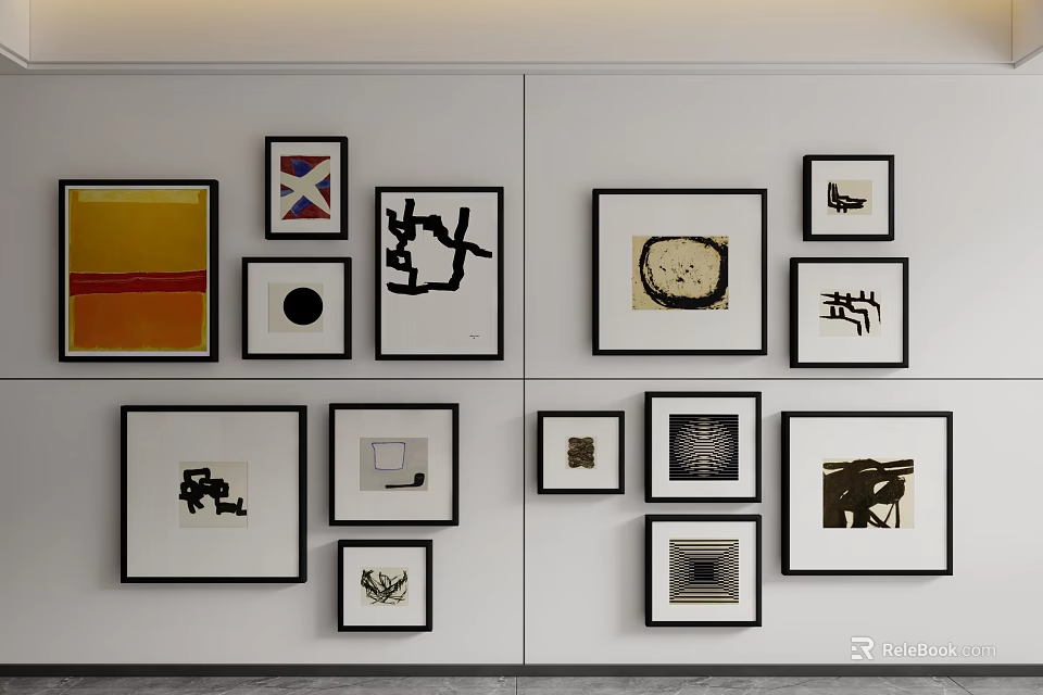 Abstract Paintings Wall Display With Various Frames Black White And Colorful Designs 3d model