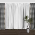 Dark Gray And White Sheer Double Layer Curtains At Window With Wooden Floor And Plant