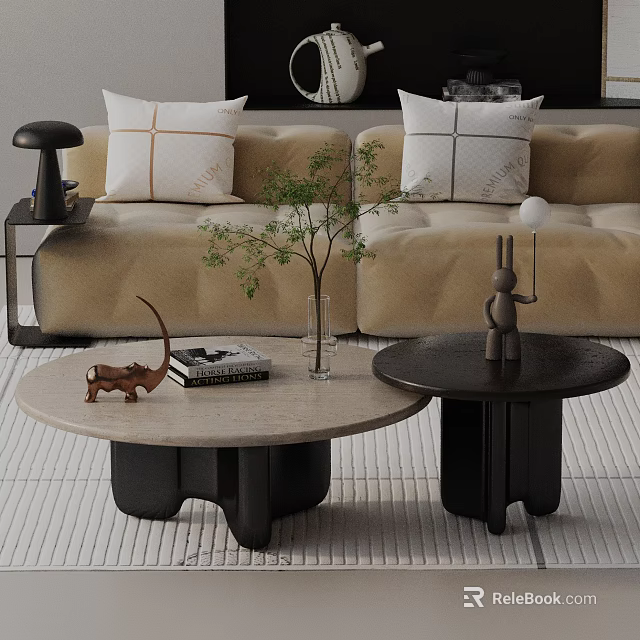 Beige Sofa And Coffee Table Set With Pillows Marble Top And Decorative Items 3d model 