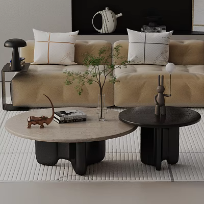 Beige Sofa And Coffee Table Set With Pillows Marble Top And Decorative Items 3d model