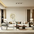 Modern Chinese Living Room Interior With Round Mirror Sofa Coffee Table Floor Lamp And Bookshelf