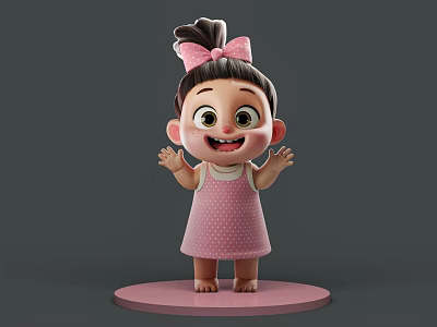 Cute Young Girl With Pink Bow And Polka Dot Dress Standing With Open Arms Smiling 3d model